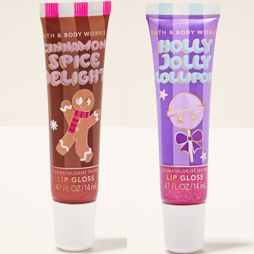 Bath Body Works Cinnamon Spice Delight & Holly Jolly Lollipop Lip Gloss Set NEW